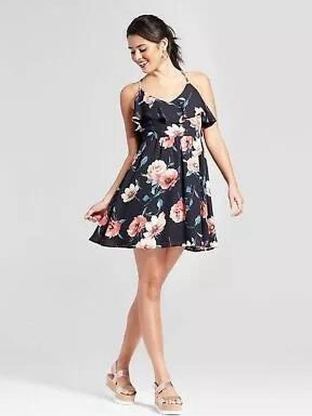 Xhilaration Black Floral Halter Camisole with Ruffle